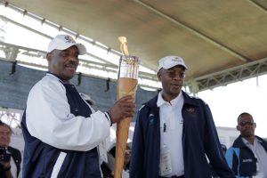 Cllr Mofokeng: Executive Mayor in Sedibeng District Municipality and Cllr Mpho Park Tau Chairperson of the PEC SALGA Gauteng holding the torch to declare the games officially opened